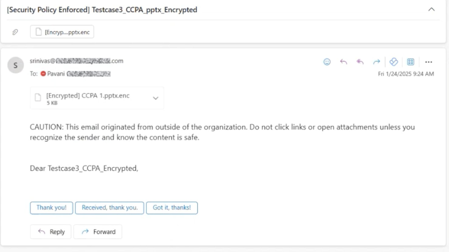 Screenshot of an email with a CAUTION note about an external-origin attachment: [Encrypted] CCPA 1.pptx.enc attached to a message from sender to recipient (not opening links).