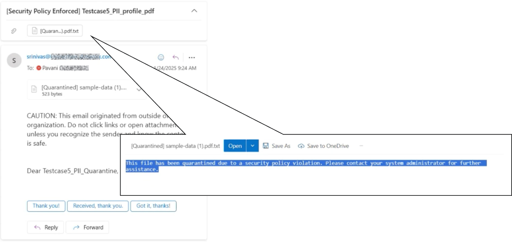 Picture12 - The Versa Networks Blog Email screenshot showing an attachment quarantined by policy with a notice: 'This file has been quarantined due to a security policy violation. Please contact your system administrator for further assistance.'