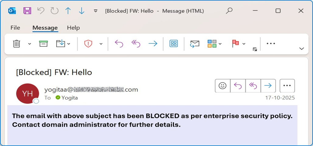 Picture13 - The Versa Networks Blog Outlook window showing a blocked email notice: 'The email with above subject has been BLOCKED per enterprise security policy. Contact domain administrator for further details.'