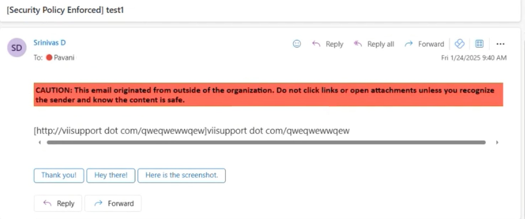 Picture14 - The Versa Networks Blog Email screenshot with an orange caution banner warning about external emails, a suspicious URL, and quick reply options.