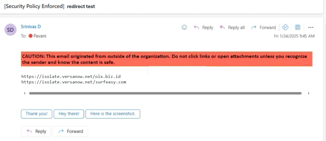 Picture15 - The Versa Networks Blog Email screenshot with a red caution banner about external origin, showing two URLs and action buttons (Reply/Forward).