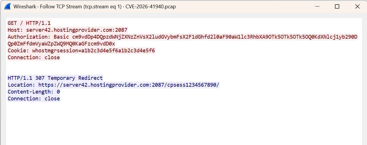 Wireshark screenshot showing an HTTP/1.1 GET request to host server42.hostingprovider.com and a 307 Redirect to a new URL, with Location header in blue text.