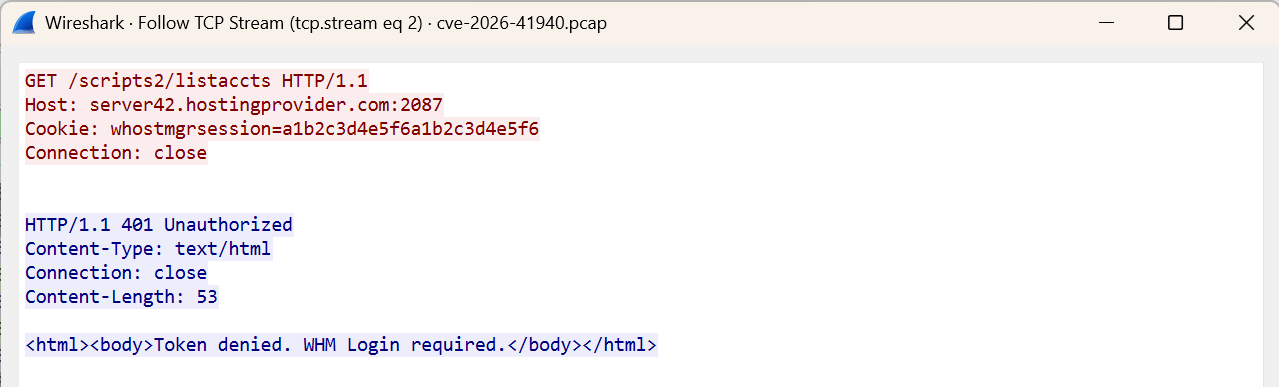 Wireshark capture showing HTTP GET /scripts2/listacts and a 401 Unauthorized response indicating WHM login is required.