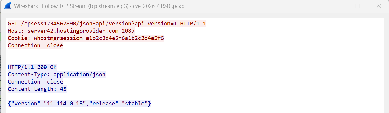 Wireshark capture: HTTP GET to json-api/version and JSON response with version 11.114.0.15 and release 'stable'.