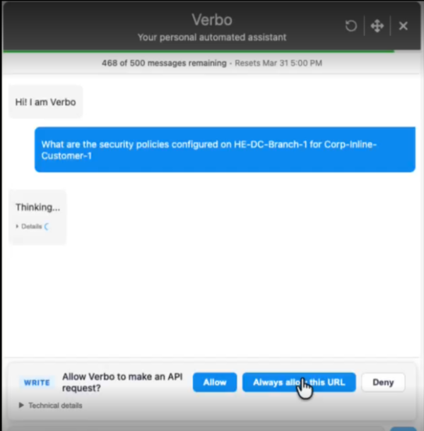 Chat UI with Verbo: greeting bubble 'Hi! I am Verbo' and a blue banner question about security policies for a branch; bottom cookie/API permission dialog visible (Allow / Always allow / Deny).
