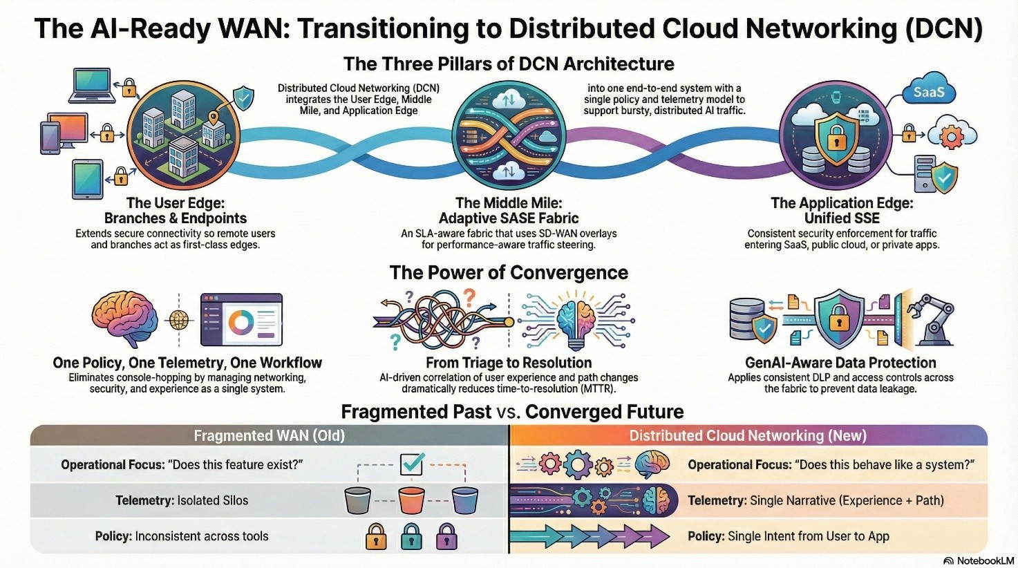 Infographic on AI-Ready WAN DCN architecture: three pillars (User Edge, Middle Mile, Application Edge) and convergence concepts.