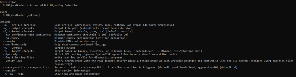 Command-line help for DLLHijackHunter: shows usage, options, and description of automated DLL hijacking detection.