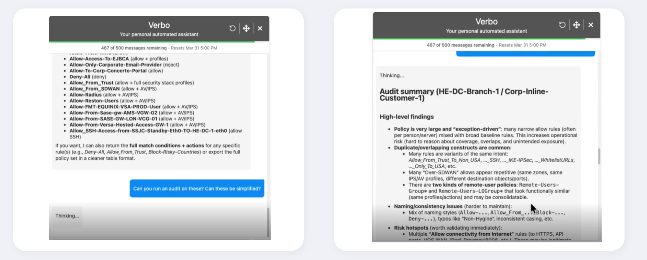 Two screenshots of a Verbo AI assistant window: left shows a bullet list of access policy rules, right shows an 'Audit summary' slide with high-level findings.