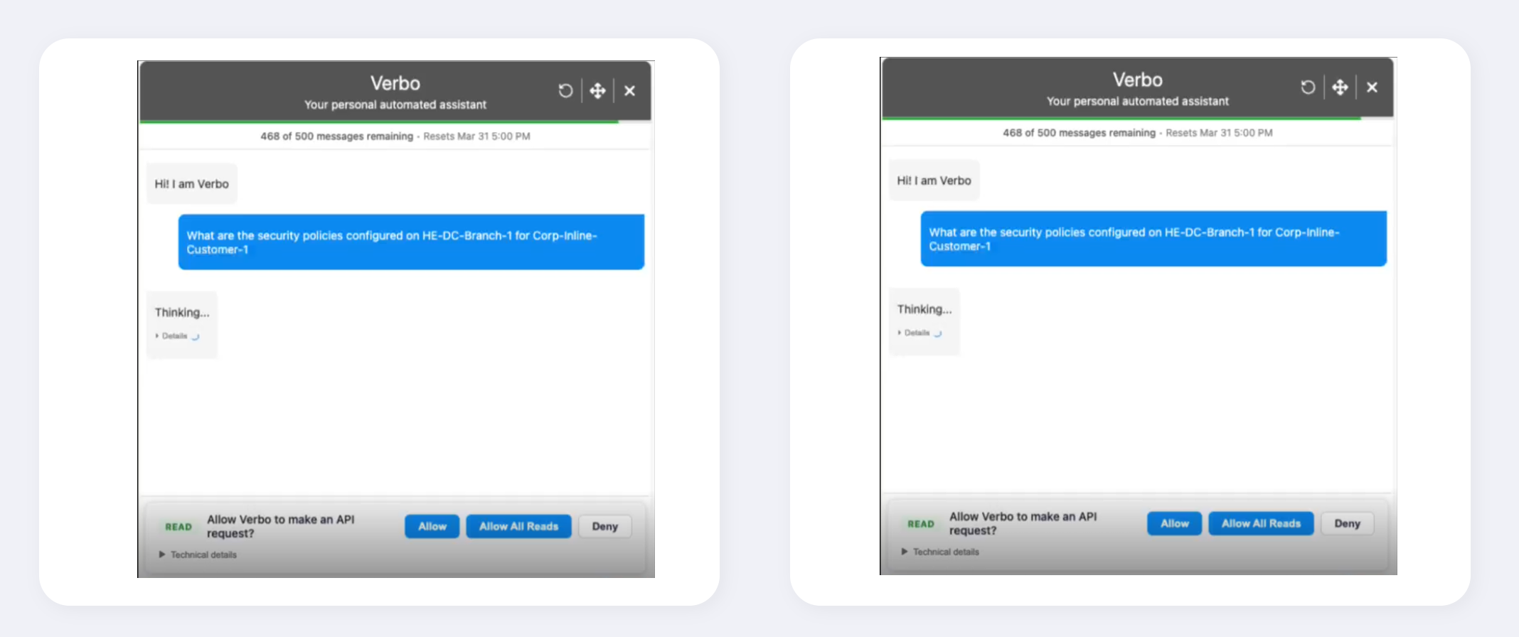 Two side‑by‑side screenshots of the Verbo chat assistant: a user asks a policy question in a blue message bubble, with a small 'Thinking...' bubble nearby and an API-permission bar at the bottom.