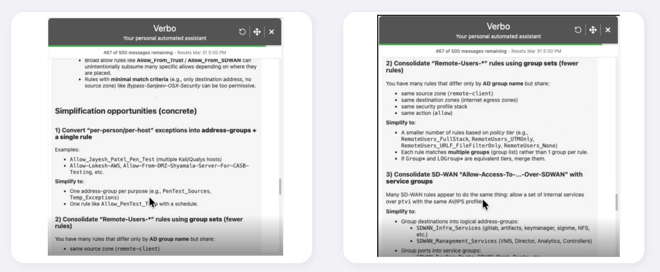 Slide from a Verbo presentation about simplification opportunities in security rules. (informative)