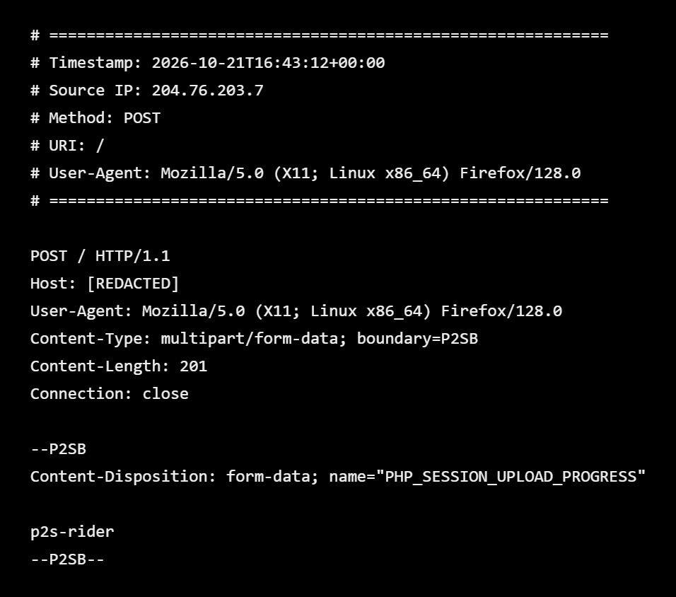 php2shell-blog - The Versa Networks Blog Screenshot of a raw HTTP POST request payload showing multipart/form-data with boundary --P2SB and PHP_SESSION_UPLOAD_PROGRESS field values and headers like Content-Type and Content-Disposition.